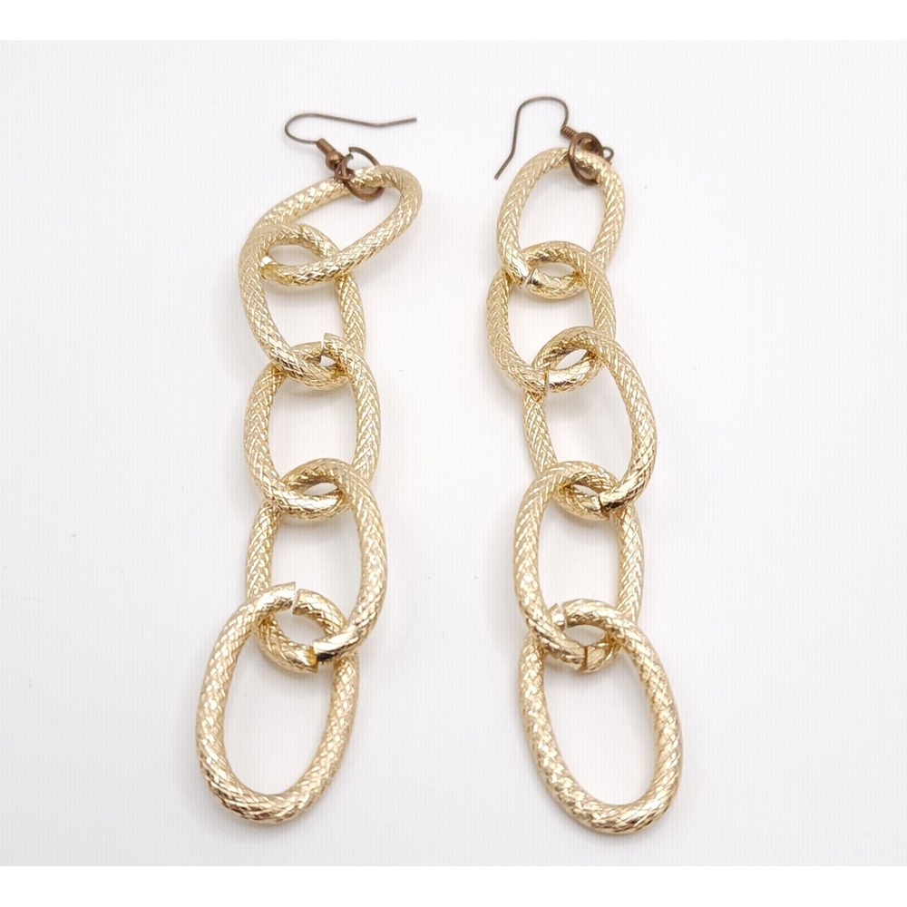 Gold Tone Textured Chain Link Dangle Earrings Women's 4 in Statement Jewelry - Picture 4 of 5